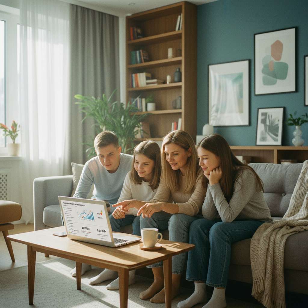 Семья изучает анализ рынка недвижимости